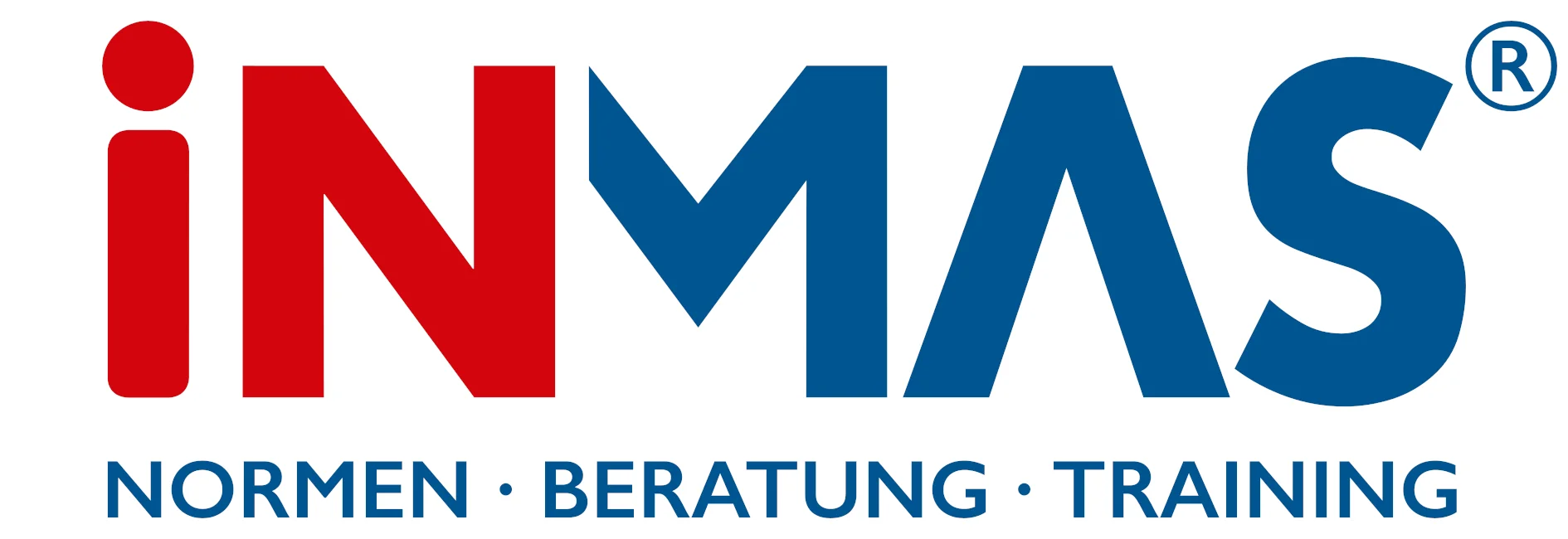 Logo der INMAS GmbH. Links in rot die Buchstaben I und N, rechts in dunkelblau die Buchstaben M, A und S. Dann das Copyright-R. Darunter der Text Normen Punkt Beratung Punkt Training.