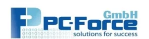 Logo der PC-Force GmbH. Ein großes, blaues P, daneben in Dunkelblau die Worte PC-Force und Solutions for Success und in Hellblau das Wort GmbH. Hinterlegt ist der Text mit schwach sichtbaren Nullen und Einsen, um Binär-Code darzustellen.