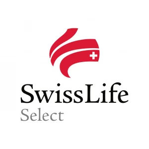 Logo von Swiss Life Select. Drei dicke, geschwungene rote Linien, in einer davon klein das weiße Kreuz der schweizer Nationalflagge. Darunter stehen in schwarz die Worte SwissLife Select.