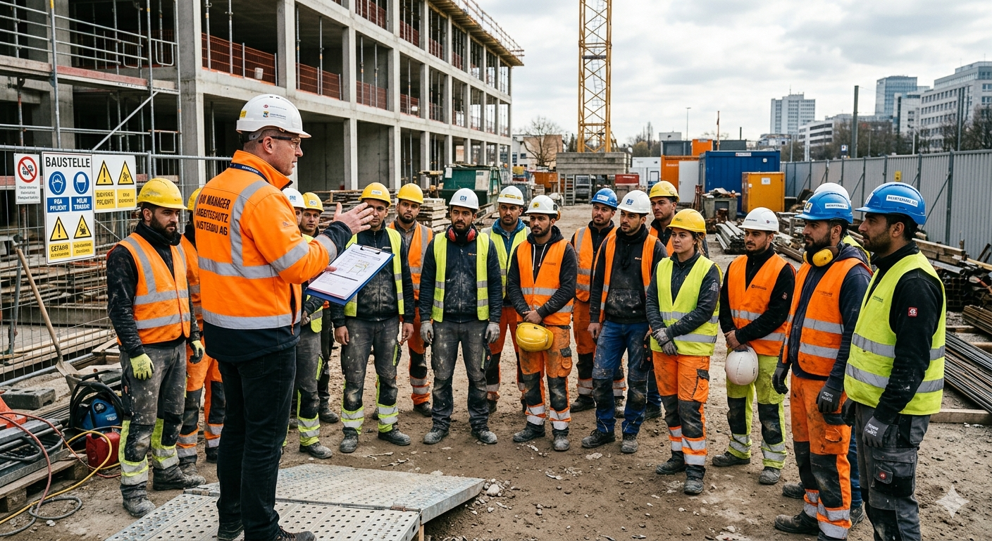 Fachkraft weist Arbeitskräfte auf Baustelle im Bereich Arbeitssicherheit an